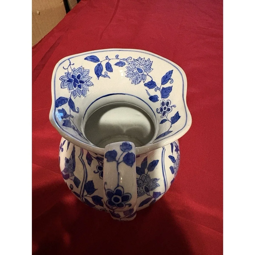 Vintage Andrea by Sadek Blue and White Ceramic Pitcher Birds & Floral 6